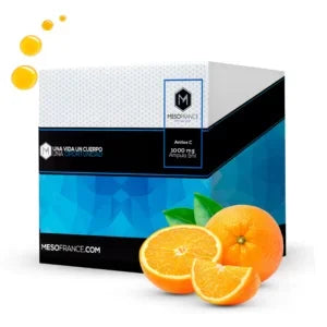 Caja de suplemento antioxidante ácido ascórbico con naranjas frescas al frente
