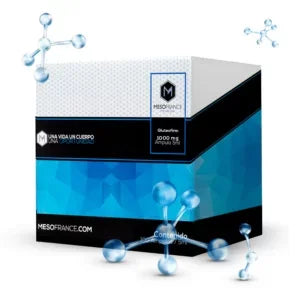 Caja de suplemento Gluteofirm 3000mg, diseí±o azul con gráficos moleculares, producto fitness