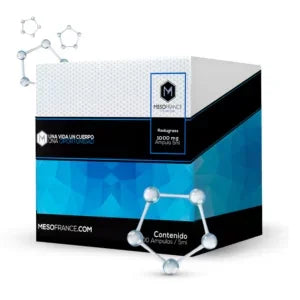 Caja de suplemento deportivo premium, diseí±o azul y negro con moléculas, ideal para fitness y alto rendimiento.