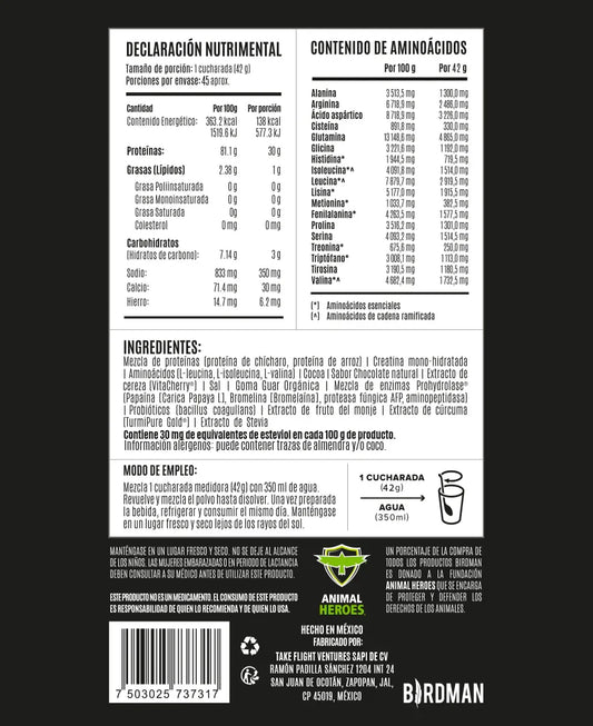 Etiqueta de suplemento deportivo ChocoBronze con información nutricional, ingredientes y modo de uso en espaí±ol.