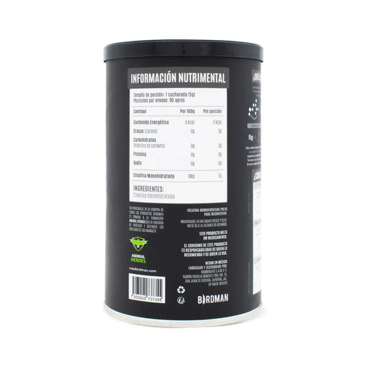 Envase de creatina monohidratada polvo de 450g con tabla nutricional visible, suplemento fitness