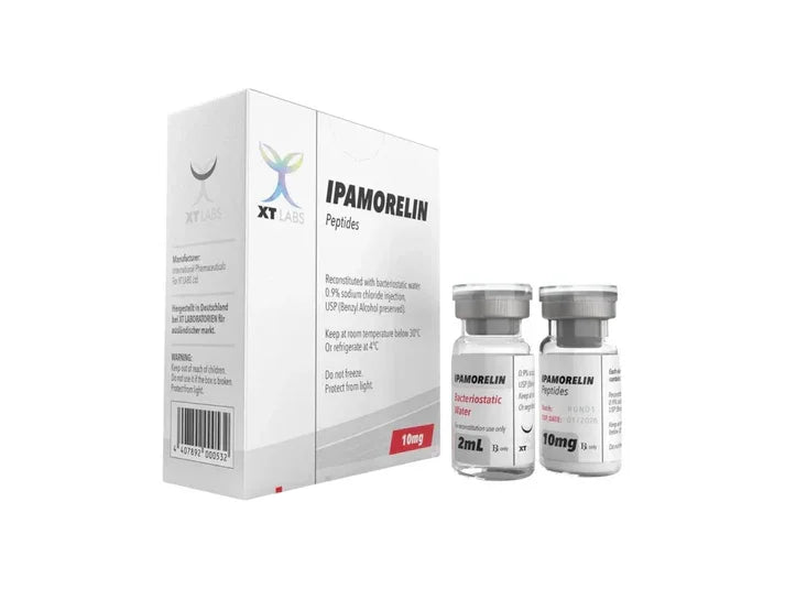 Caja y frascos de Ipamorelin péptidos para culturismo y fitness, 10mg y 2mL.