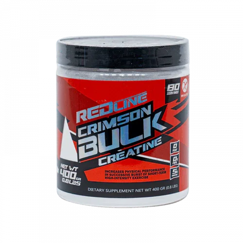 Envase de creatina en polvo Crimson Bulk 400g, suplemento para musculación y alto rendimiento