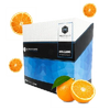 Caja de ampollas reafirmantes con diseí±o azul y rodajas de naranja, suplemento muscular
