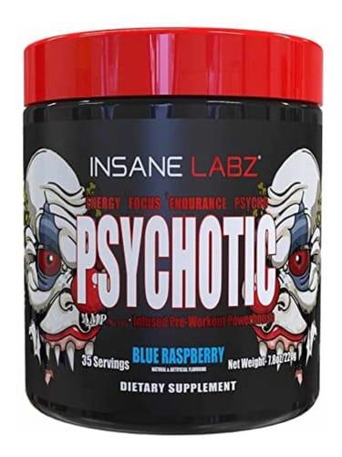 Bote de suplemento preentrenamiento Psychotic Blue Raspberry, 35 servicios, diseí±o con calaveras.