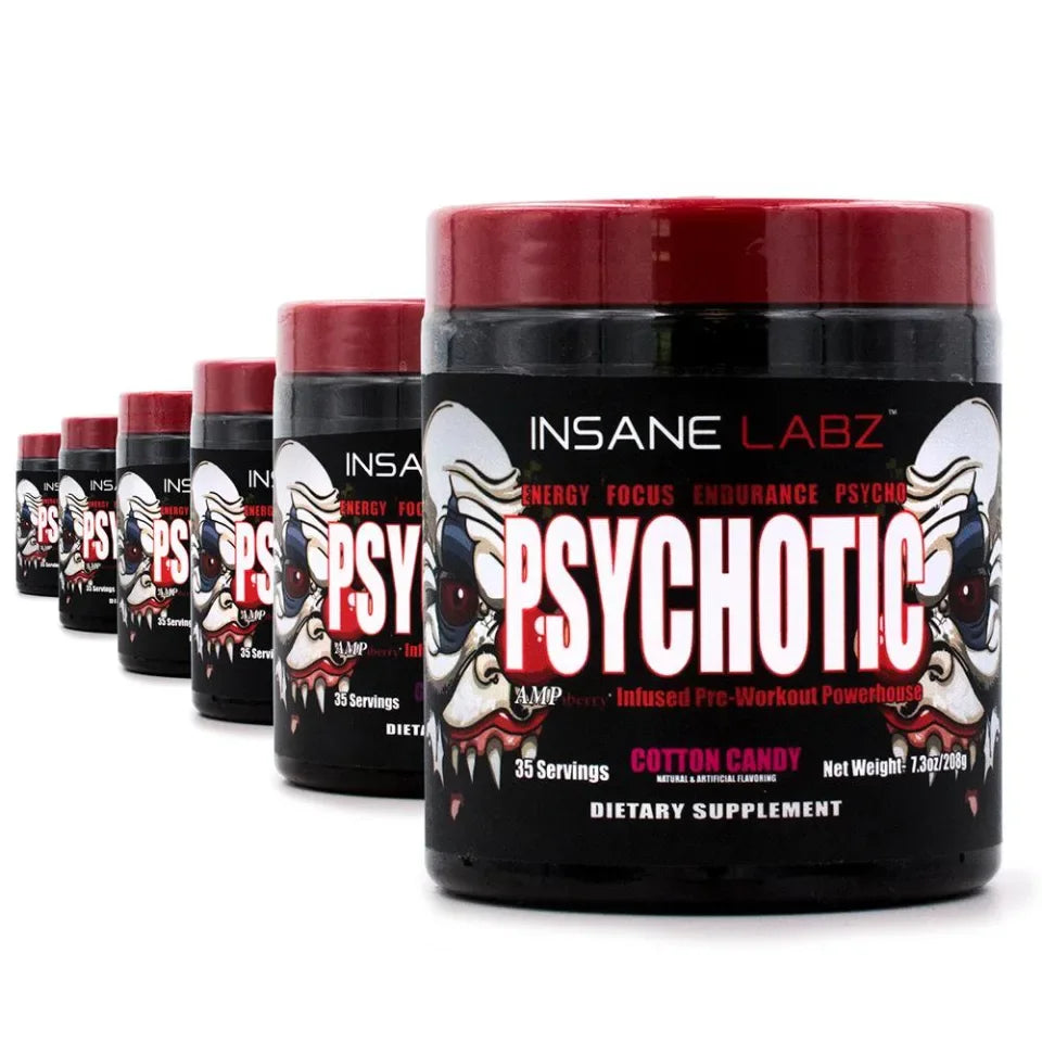 Suplemento pre-entrenamiento Psychotic Cotton Candy, varios botes en fila, etiqueta llamativa.