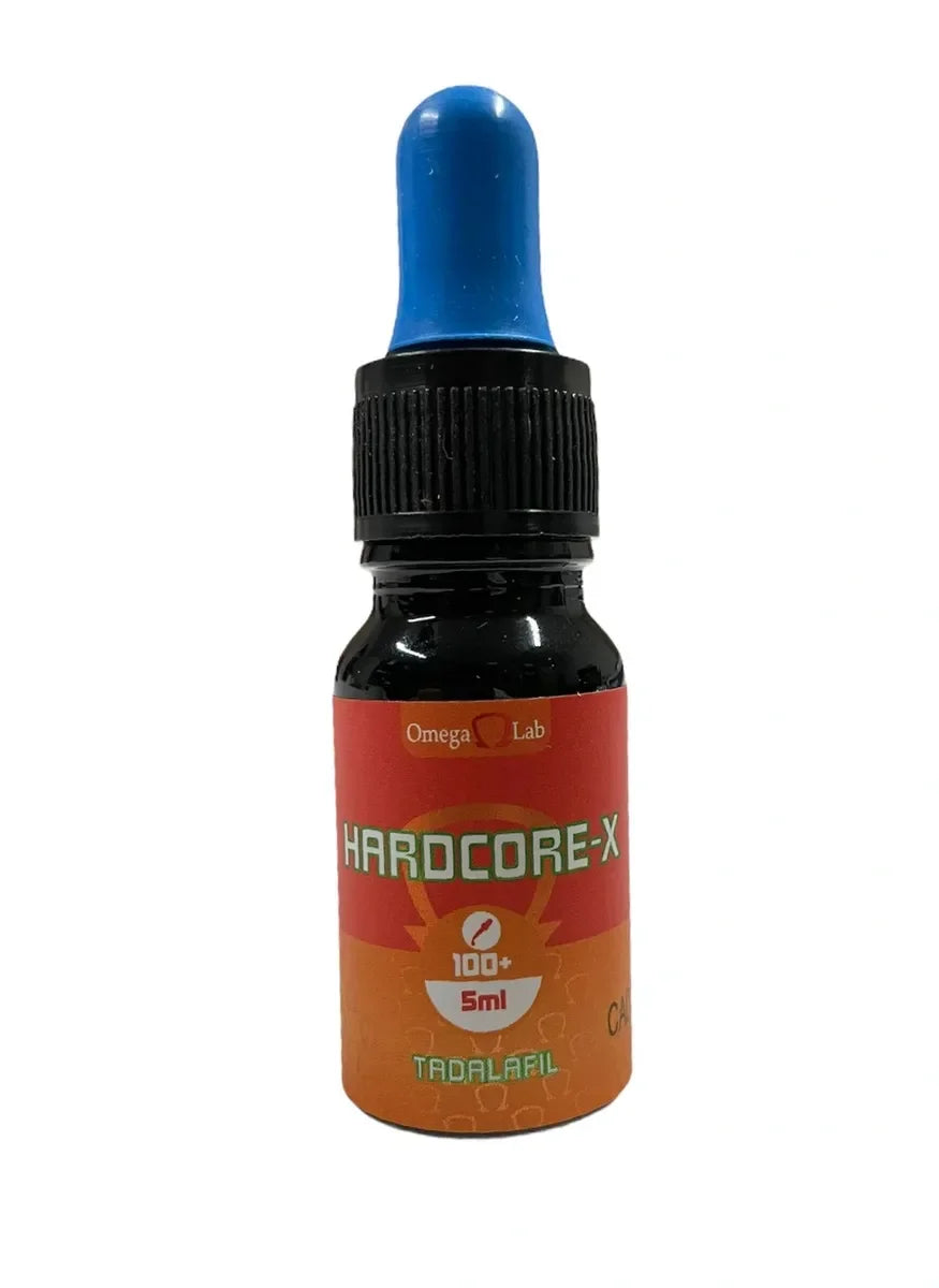 Frasco de 5 ml con gotero azul, etiqueta HARDCORE-X, suplemento Tadalafil para fitness.