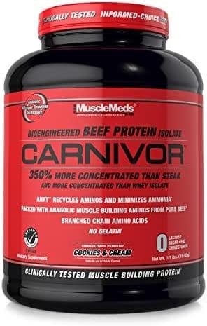 Envase de suplemento proteico Carnivor sabor cookies and cream, proteína de carne ideal para culturismo y fitness.