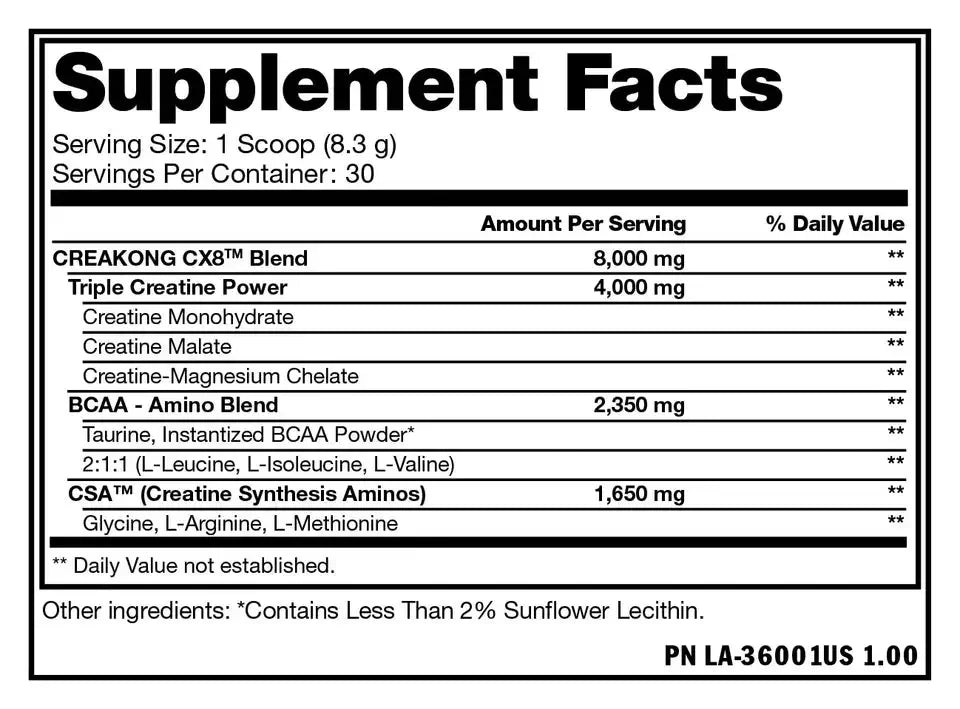 Etiqueta de suplemento con facts nutricionales de creatina, BCAA y aminoácidos para fitness.