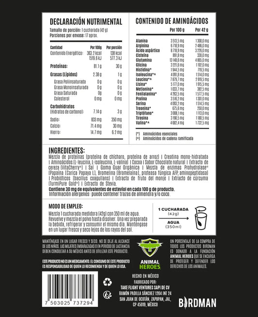 Etiqueta de suplemento proteico sabor chocolate natural, con información nutricional y aminoácidos.