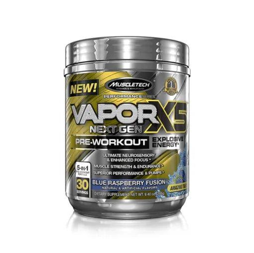 Bote de suplemento pre-entreno Vapor X5 Next Gen sabor blue raspberry, 30 servicios