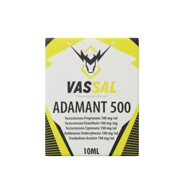 Caja de suplemento Vassal Adamant 500, 10ml, farmacología deportiva, fondo negro.
