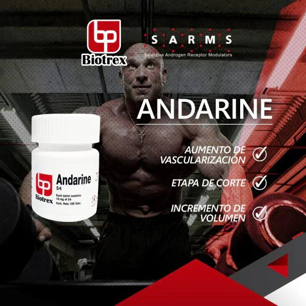 Frasco de Andarine S4 Biotrex en gimnasio, ideal para culturismo, definición y volumen.