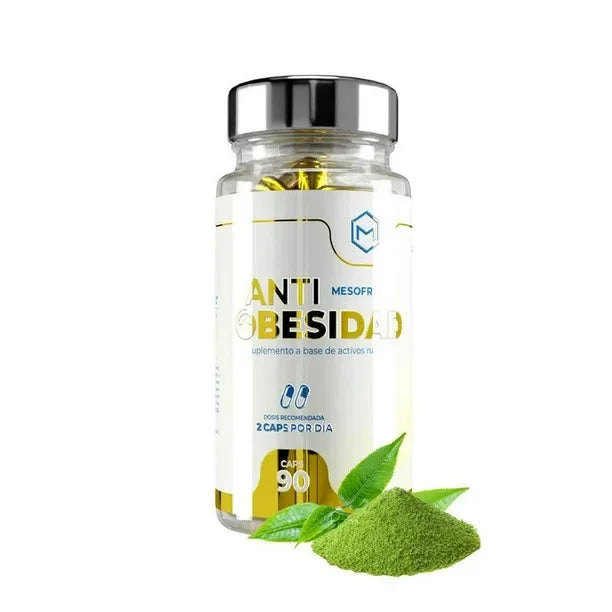 Frasco de cápsulas antiobesidad para control de peso con polvo verde y hojas naturales