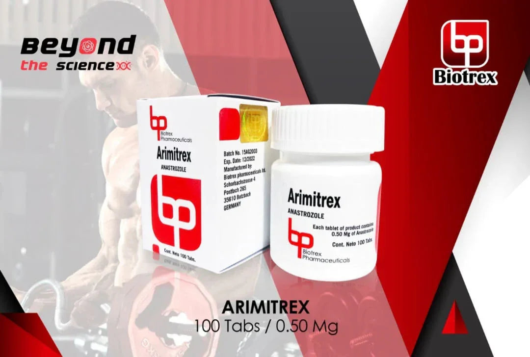 Frasco y caja de Arimitrex Anastrozole Biotrex 100 tabletas suplemento para culturismo