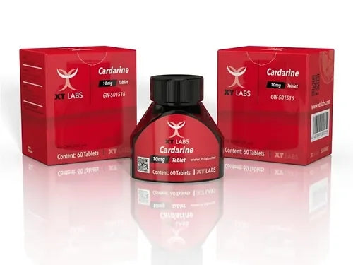 Frasco y cajas rojas de Cardarine 10mg, 60 tabletas, suplemento para fitness y rendimiento deportivo.