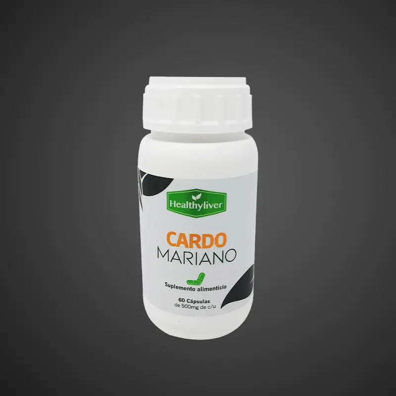 Frasco de suplemento alimenticio Cardo Mariano 500mg 60 cápsulas, fondo gris.