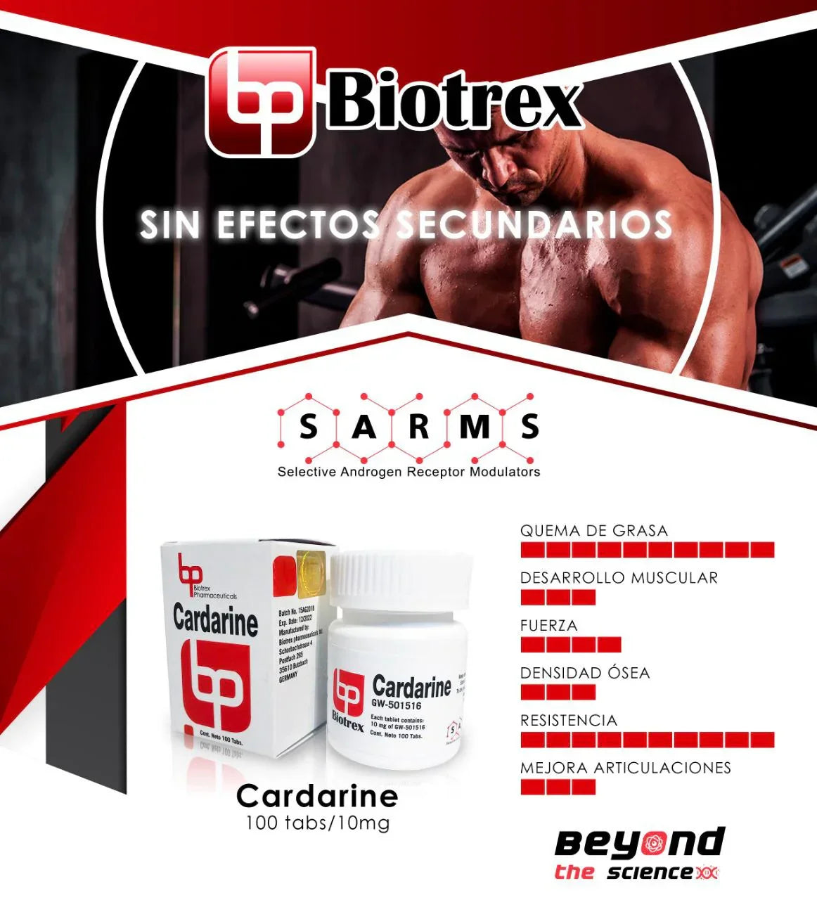 Frasco y caja de Cardarine 100 tabs 10mg, suplemento SARMS, beneficios para fitness y culturismo.