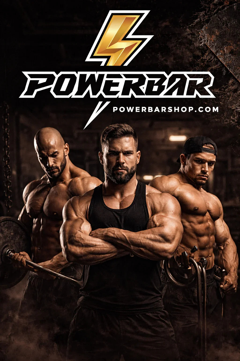 Tres culturistas musculosos posando en un gimnasio, temática fitness y suplementos deportivos.