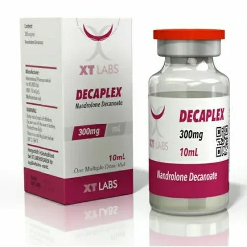 Frasco y caja de Decaplex 300mg 10ml, suplemento para culturismo y alto rendimiento.