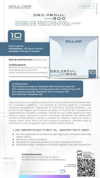 Folleto informativo de Decaboul 300, suplemento deportivo para volumen muscular, en espaí±ol.