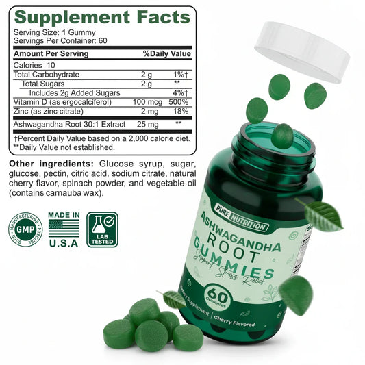 Gomitas de raíz de ashwagandha para fitness, frasco verde con suplemento nutricional de 60 unidades.