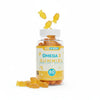 Frasco de gomitas Omega 3 en forma de pez, suplemento deportivo para salud y fitness.