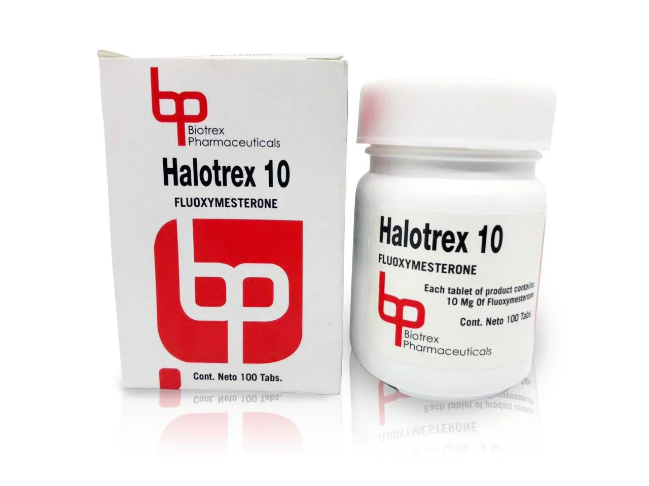 Caja y frasco de Halotrex 10 Fluoxymesterone, suplemento para culturismo, 100 tabletas