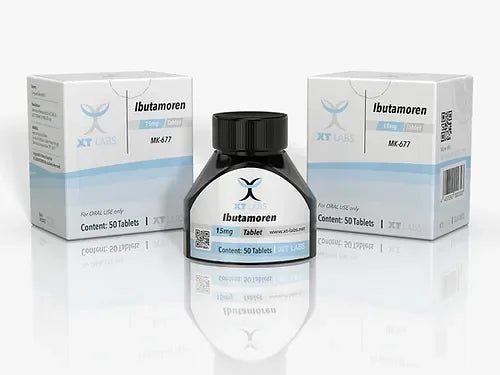 Frascos y cajas de Ibutamoren MK-677 XT Labs, suplemento para culturismo y fitness, 15mg 50 tabletas.