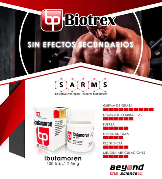 Envase de Ibutamoren MK-677 para 100 tabletas, suplemento para desarrollo muscular y quema de grasa, junto a hombre musculoso en gimnasio.