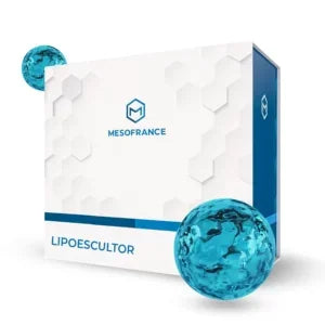 Caja de suplemento Lipoescultor Mesofrance para definición muscular, fondo blanco, esferas azules