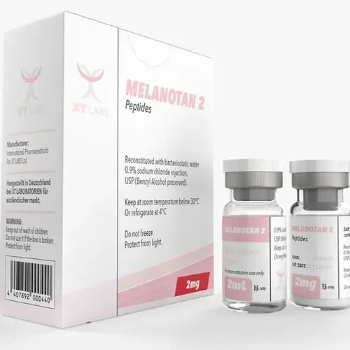 Viales de Melanotan 2 2mg y caja, suplemento de péptidos para culturismo y fitness.