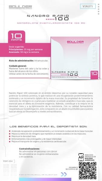 Folleto informativo de Nandro Rapid 100, suplemento para culturismo, con caja rosa y detalles de uso.