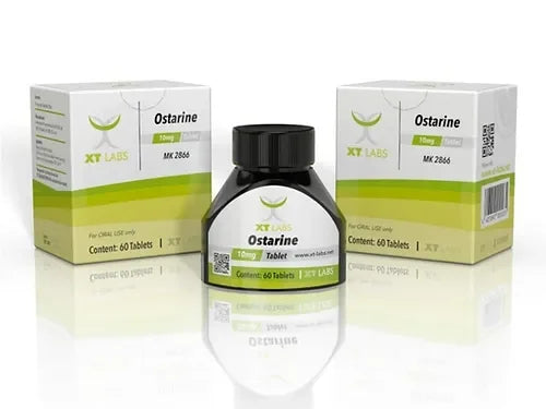 Frasco y cajas de Ostarine XT Labs MK 2866, suplemento deportivo para fitness y musculación.