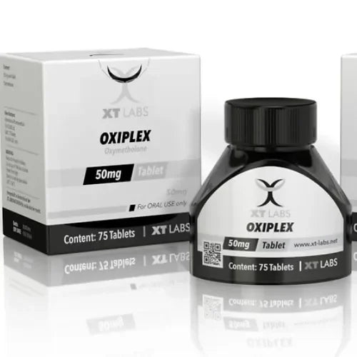 Envase de Oxiplex 50mg 75 tabletas, suplemento para culturismo y alto rendimiento.