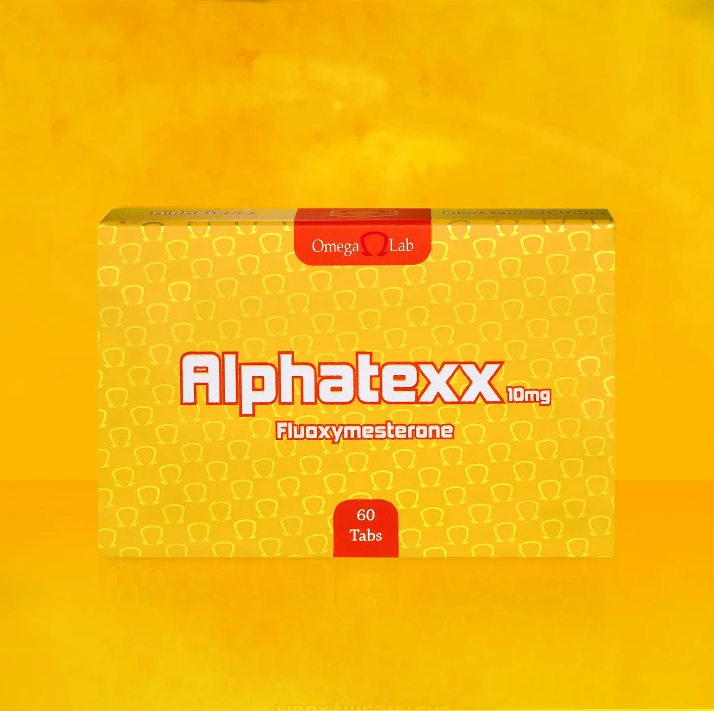 Caja de Alphatexx 10mg Fluoxymesterone 60 tabletas sobre fondo amarillo, suplemento deportivo.