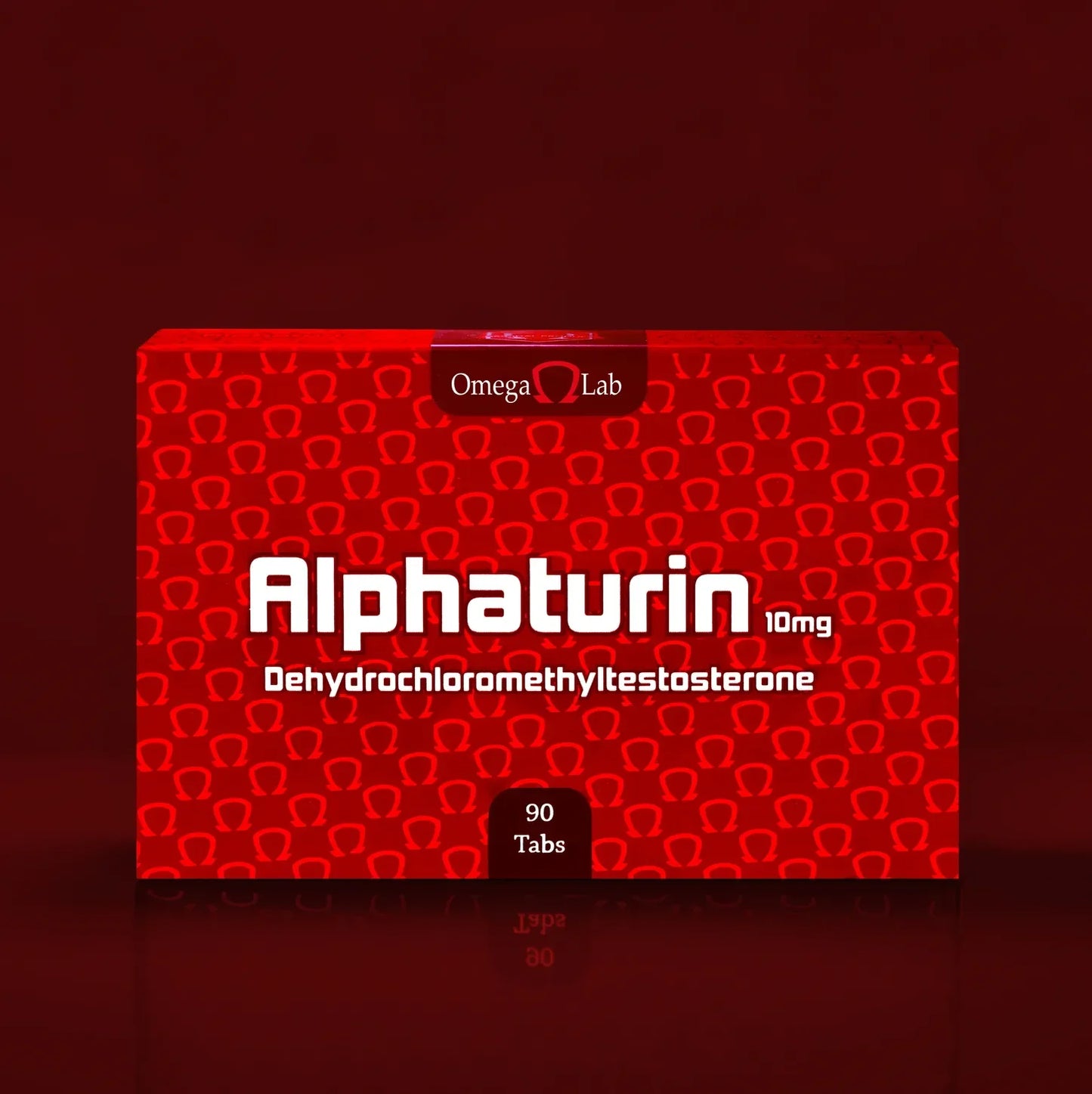Caja roja de Alphaturin 10mg Dehydrochloromethyltstosterone, 90 tabletas, fondo oscuro, suplemento para culturismo y fitness.