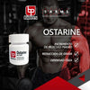 Frasco de Ostarine MK-2866 frente a un hombre musculoso con mancuernas, ideal para aumentar músculo y reducir grasa.