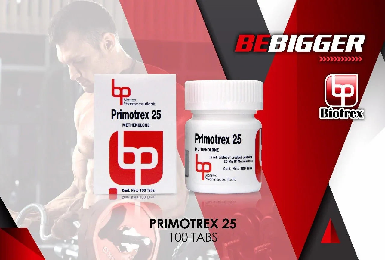Envase y caja de Primotrex 25 Methenolone Biotrex, suplemento para culturismo y alto rendimiento.