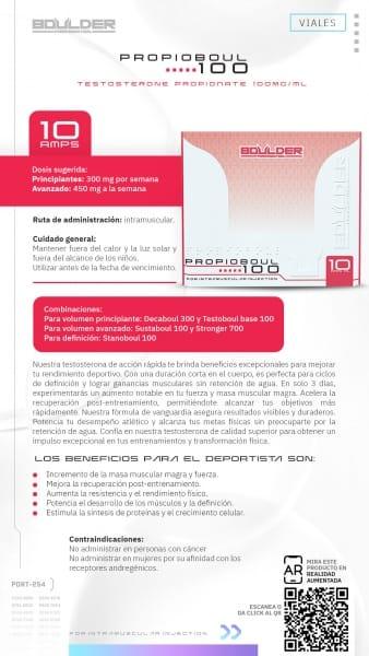 Caja de Propioboul 100, testosterona en viales, instrucciones y beneficios para deportistas.