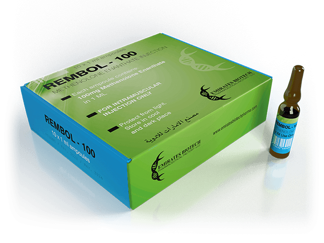 Caja y ampolla de Rembol-100, suplemento inyectable para rendimiento deportivo y fitness