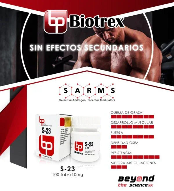 Envase de S-23 Biotrex SARMs para desarrollo muscular, fuerza y quema de grasa, junto a atleta musculoso.