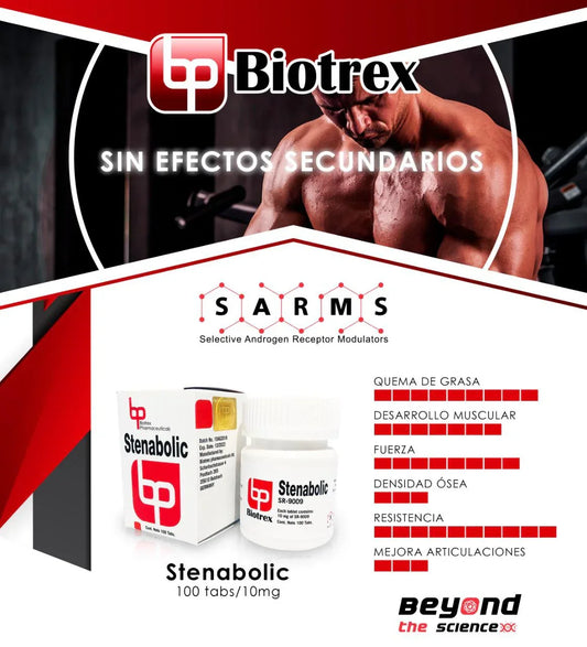 Frasco y caja de Stenabolic SR-9009 Biotrex, suplemento SARMS para desarrollo muscular y resistencia.
