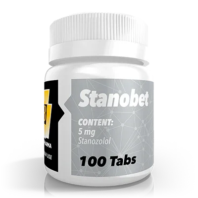 Frasco de Stanobet con 100 tabletas de 5 mg de stanozolol, suplemento para culturismo