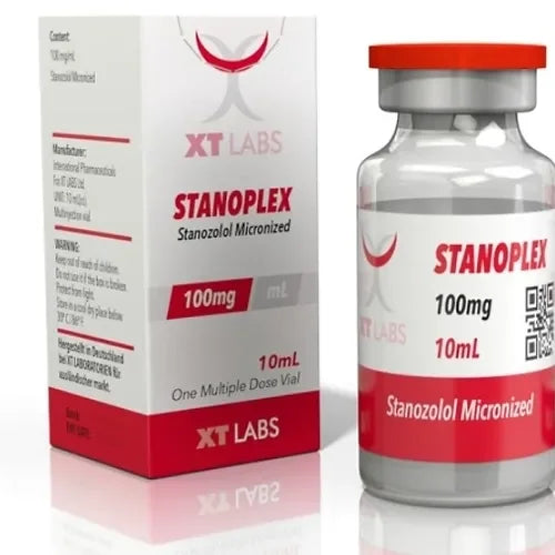 Frasco y caja de STANOPLEX 100mg 10mL de XT Labs, suplemento para culturismo y fitness