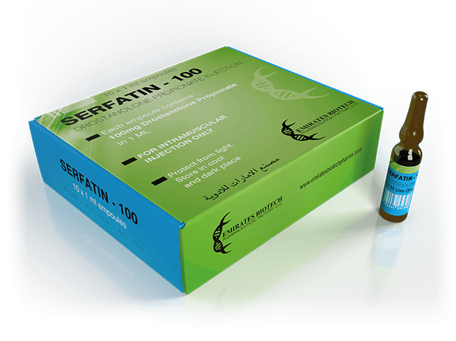Caja y ampolleta de Serfatin-100, suplemento para culturismo y alto rendimiento