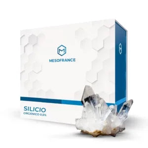 Caja de Silicio Orgánico MesoFrance 0.5% junto a cristales, suplemento para fitness