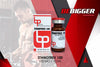Frasco y caja de Stanotrex 100 mg para culturismo, fondo de gimnasio y lema BEBIGGER.