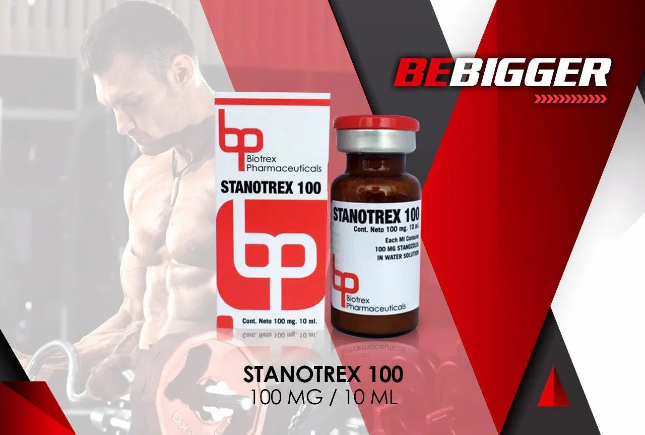 Frasco y caja de Stanotrex 100 mg para culturismo, fondo de gimnasio y lema BEBIGGER.