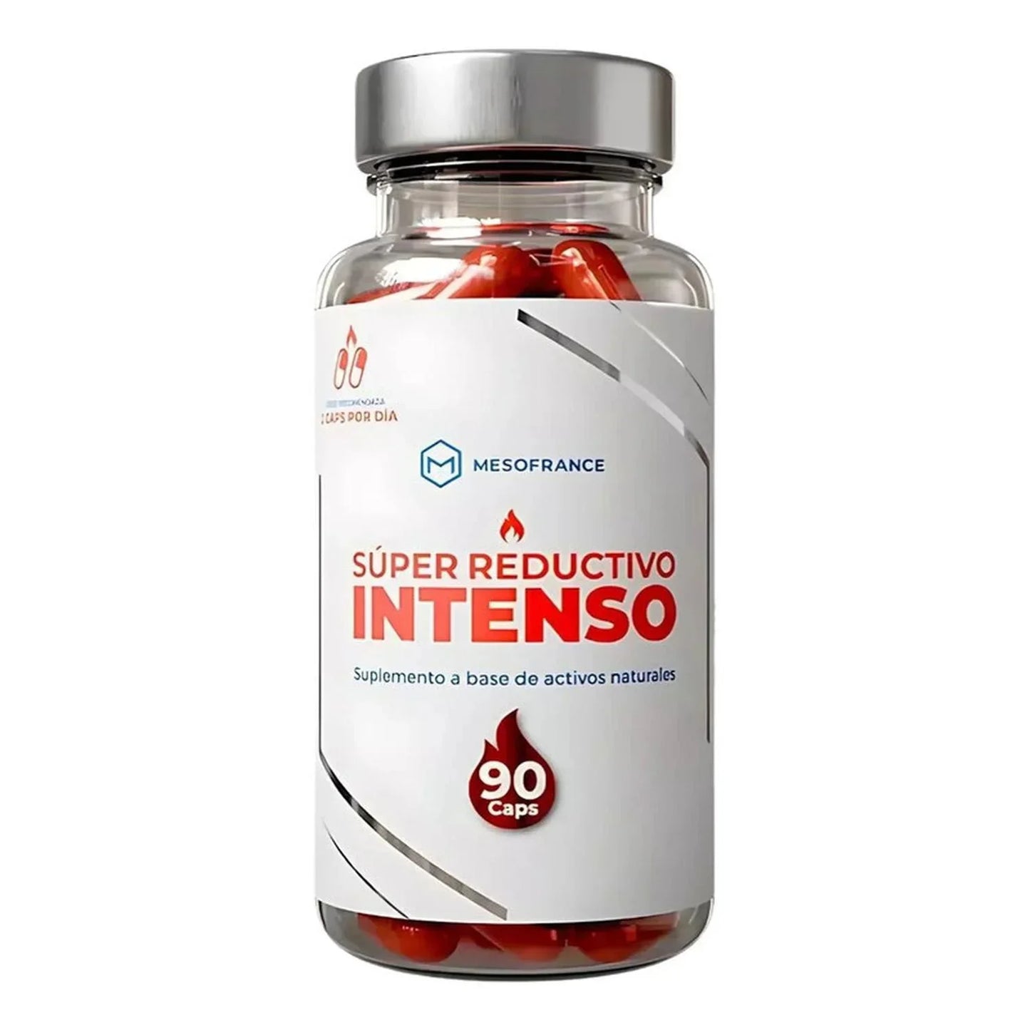 Frasco de suplemento Súper Reductivo Intenso de 90 cápsulas para fitness y definición.